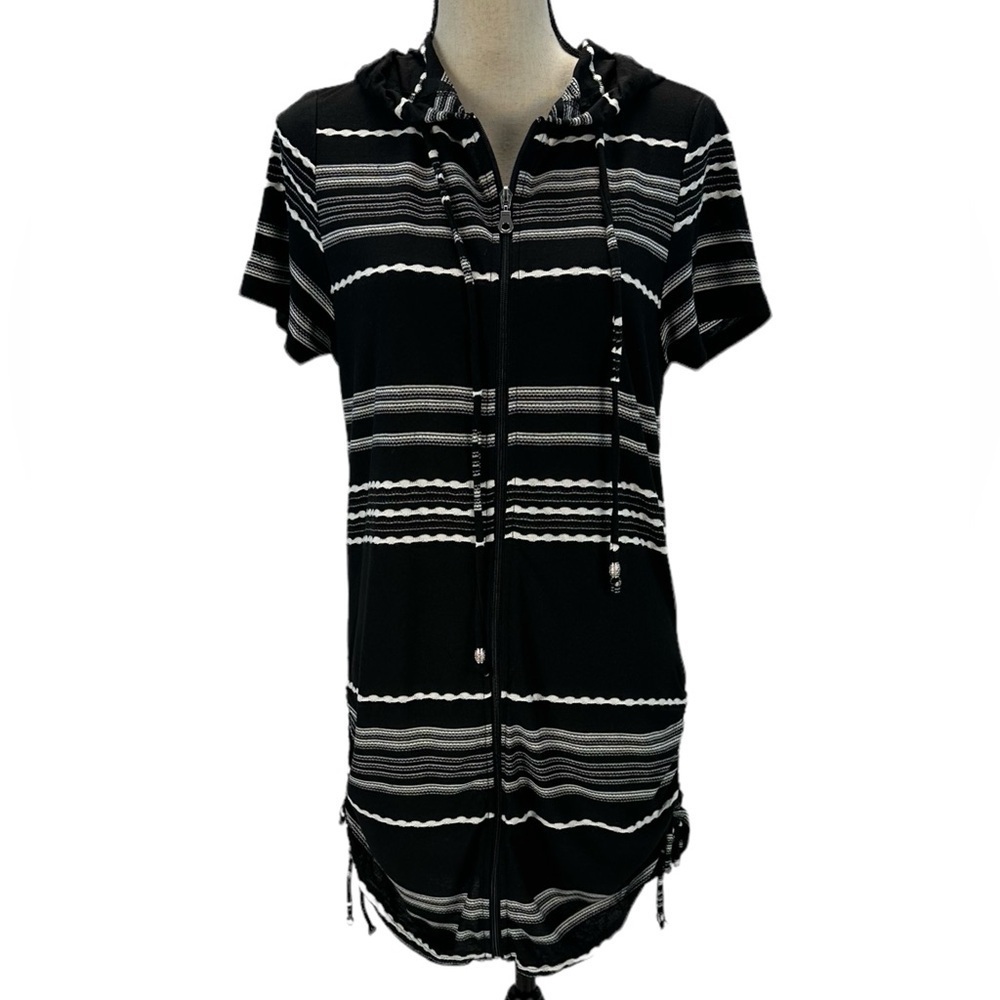 Dotti Short Sleeve Stripe Hooded Cover Up Dress - Black White - size Small